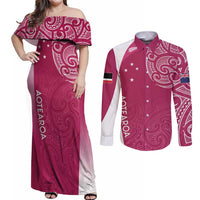 Personalised New Zealand Rugby Couples Matching Off Shoulder Maxi Dress and Long Sleeve Button Shirt Aotearoa Champions - Pink Version LT7 Pink - Polynesian Pride