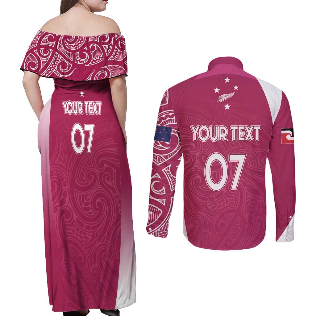 Personalised New Zealand Rugby Couples Matching Off Shoulder Maxi Dress and Long Sleeve Button Shirt Aotearoa Champions - Pink Version LT7 - Polynesian Pride