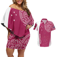 Personalised New Zealand Rugby Couples Matching Off Shoulder Short Dress and Hawaiian Shirt Aotearoa Champions - Pink Version LT7 Pink - Polynesian Pride