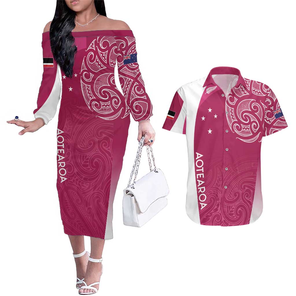 Personalised New Zealand Rugby Couples Matching Off The Shoulder Long Sleeve Dress and Hawaiian Shirt Aotearoa Champions - Pink Version LT7 Pink - Polynesian Pride