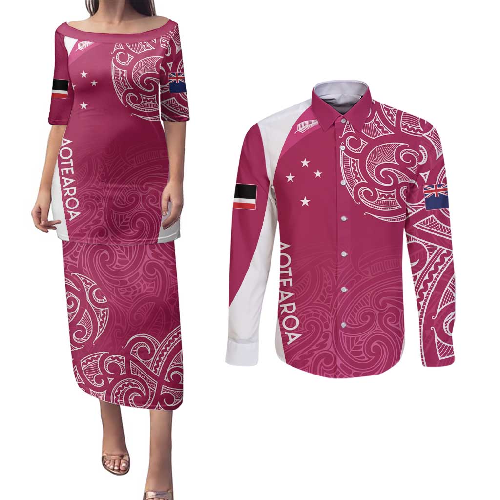 Personalised New Zealand Rugby Couples Matching Puletasi and Long Sleeve Button Shirt Aotearoa Champions - Pink Version LT7 Pink - Polynesian Pride