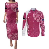 Personalised New Zealand Rugby Couples Matching Puletasi and Long Sleeve Button Shirt Aotearoa Champions - Pink Version LT7 Pink - Polynesian Pride