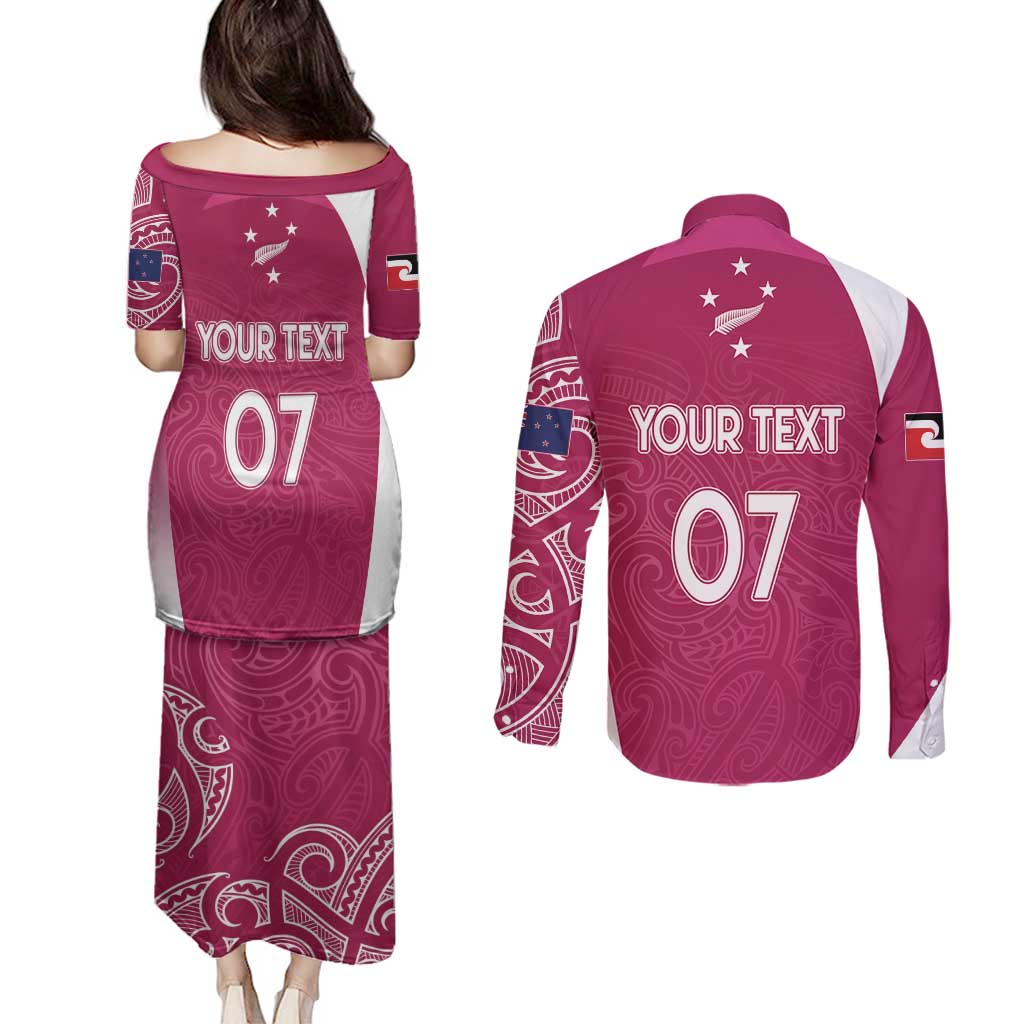 Personalised New Zealand Rugby Couples Matching Puletasi and Long Sleeve Button Shirt Aotearoa Champions - Pink Version LT7 - Polynesian Pride