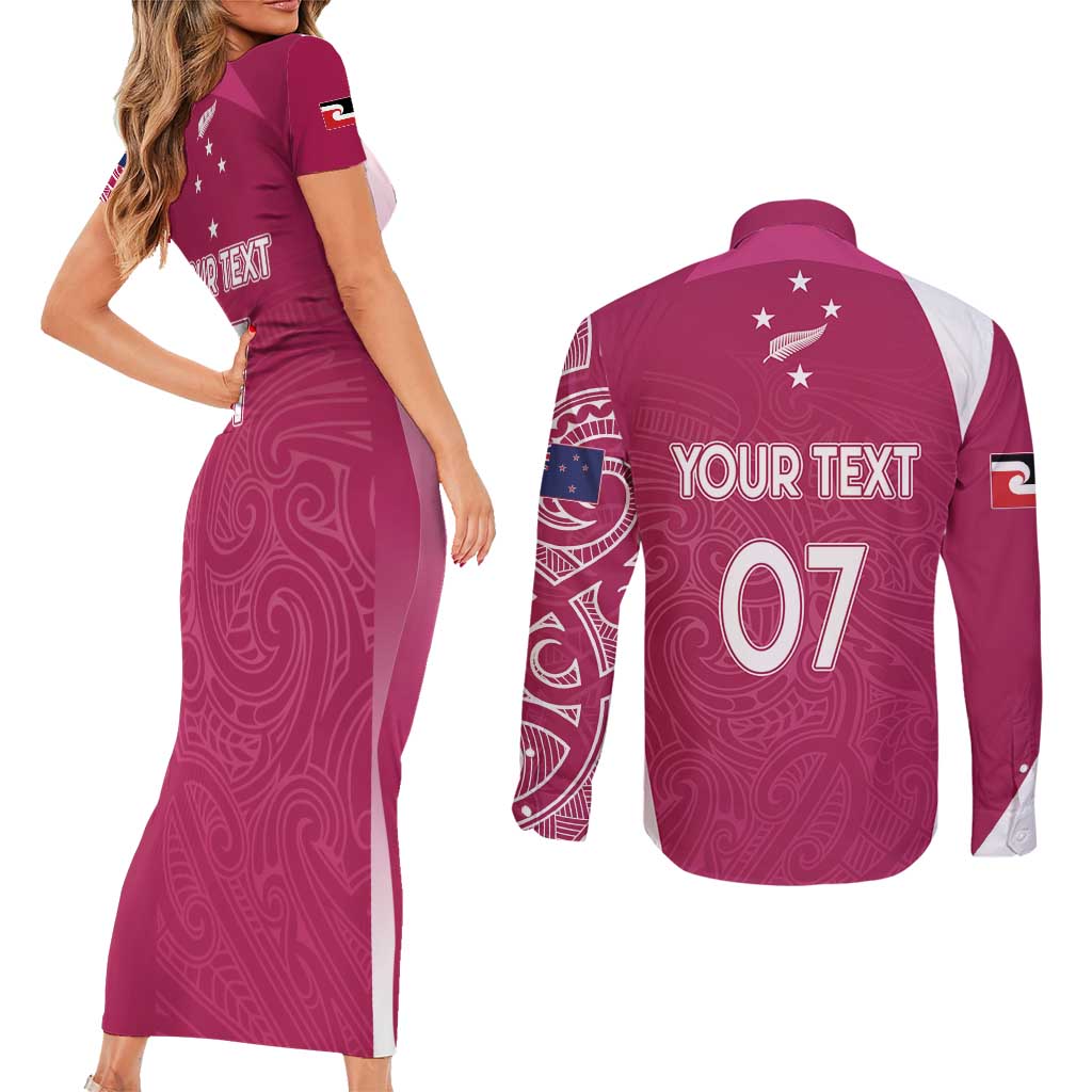 Personalised New Zealand Rugby Couples Matching Short Sleeve Bodycon Dress and Long Sleeve Button Shirt Aotearoa Champions - Pink Version LT7 - Polynesian Pride