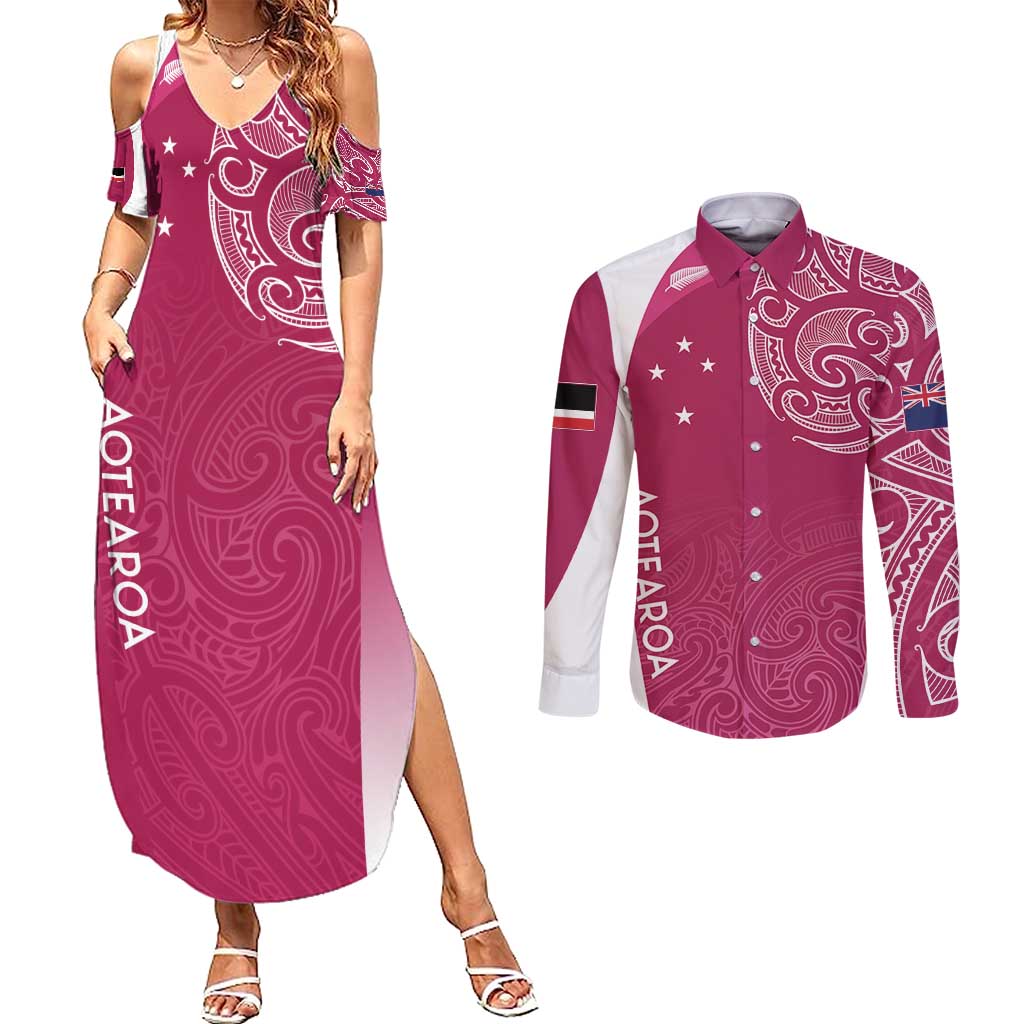 Personalised New Zealand Rugby Couples Matching Summer Maxi Dress and Long Sleeve Button Shirt Aotearoa Champions - Pink Version LT7 Pink - Polynesian Pride