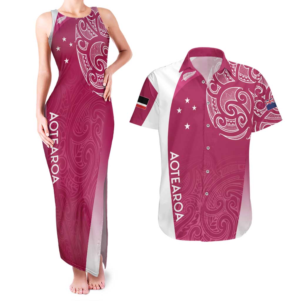 Personalised New Zealand Rugby Couples Matching Tank Maxi Dress and Hawaiian Shirt Aotearoa Champions - Pink Version LT7 Pink - Polynesian Pride
