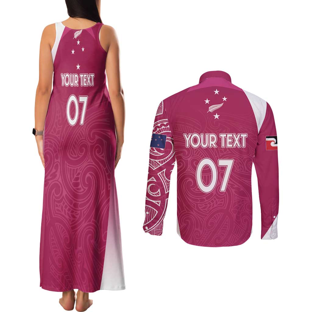 Personalised New Zealand Rugby Couples Matching Tank Maxi Dress and Long Sleeve Button Shirt Aotearoa Champions - Pink Version LT7 - Polynesian Pride