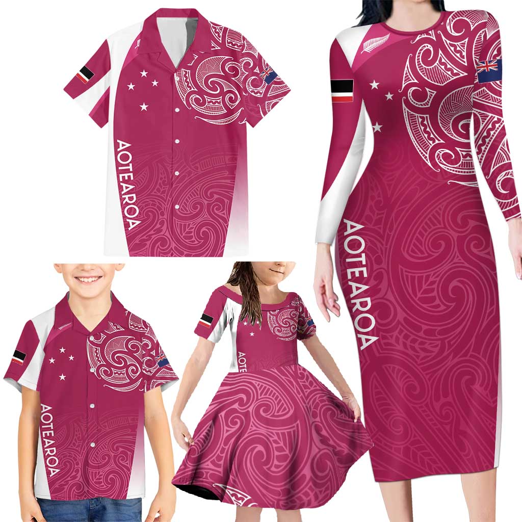 Personalised New Zealand Rugby Family Matching Long Sleeve Bodycon Dress and Hawaiian Shirt Aotearoa Champions - Pink Version LT7 - Polynesian Pride