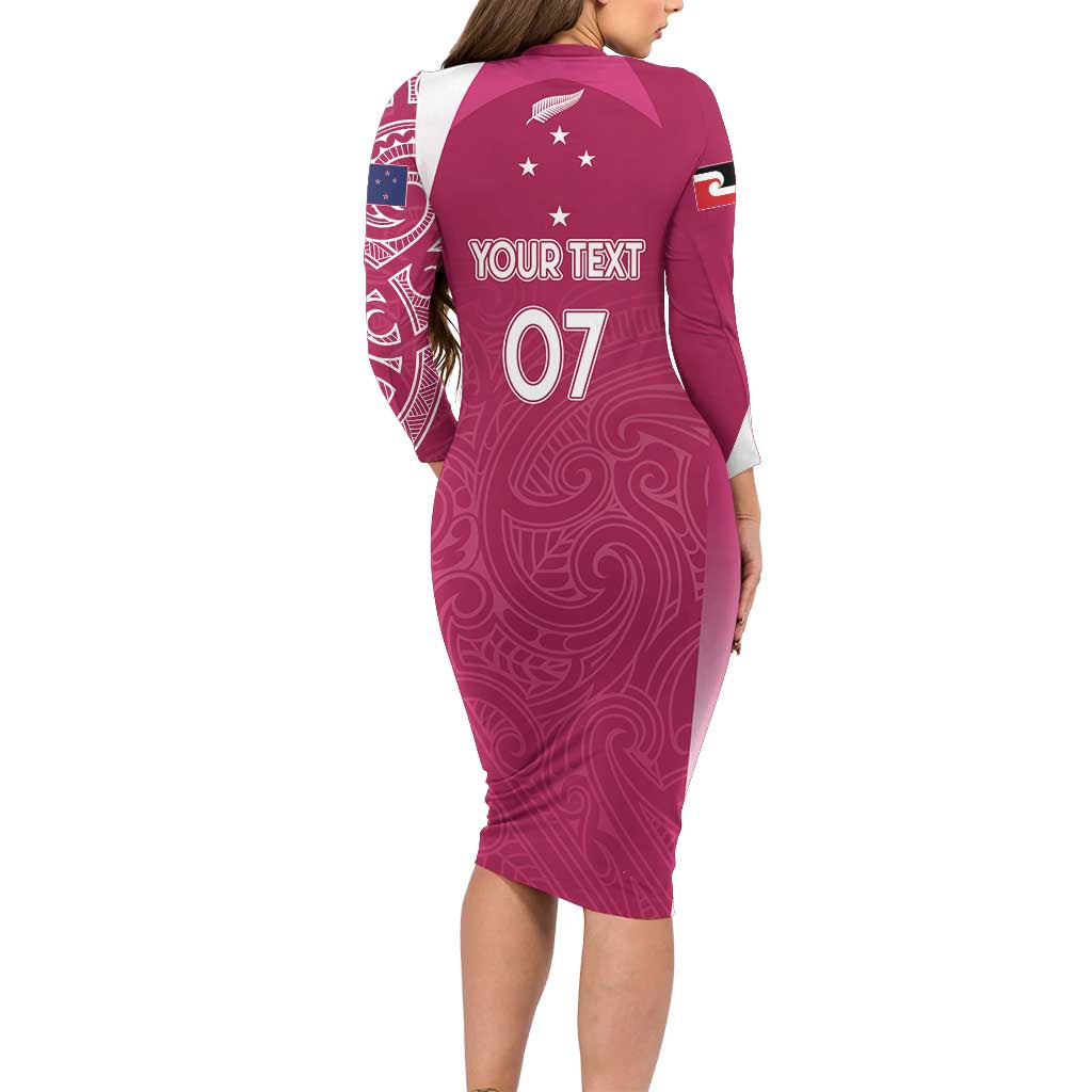 Personalised New Zealand Rugby Family Matching Long Sleeve Bodycon Dress and Hawaiian Shirt Aotearoa Champions - Pink Version LT7 - Polynesian Pride