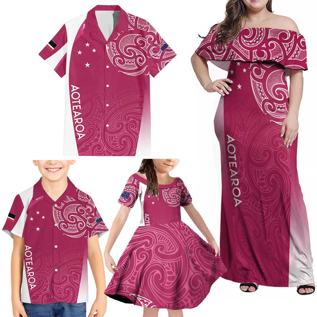 Personalised New Zealand Rugby Family Matching Off Shoulder Maxi Dress and Hawaiian Shirt Aotearoa Champions - Pink Version LT7 - Polynesian Pride