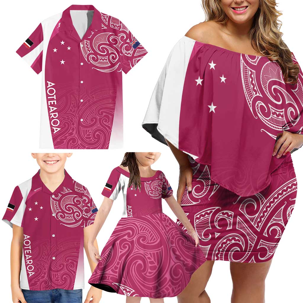 Personalised New Zealand Rugby Family Matching Off Shoulder Short Dress and Hawaiian Shirt Aotearoa Champions - Pink Version LT7 - Polynesian Pride