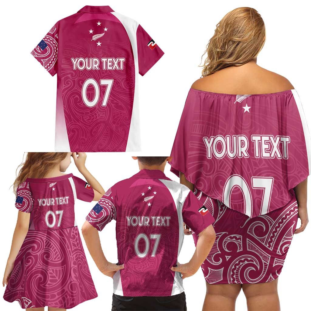 Personalised New Zealand Rugby Family Matching Off Shoulder Short Dress and Hawaiian Shirt Aotearoa Champions - Pink Version LT7 - Polynesian Pride