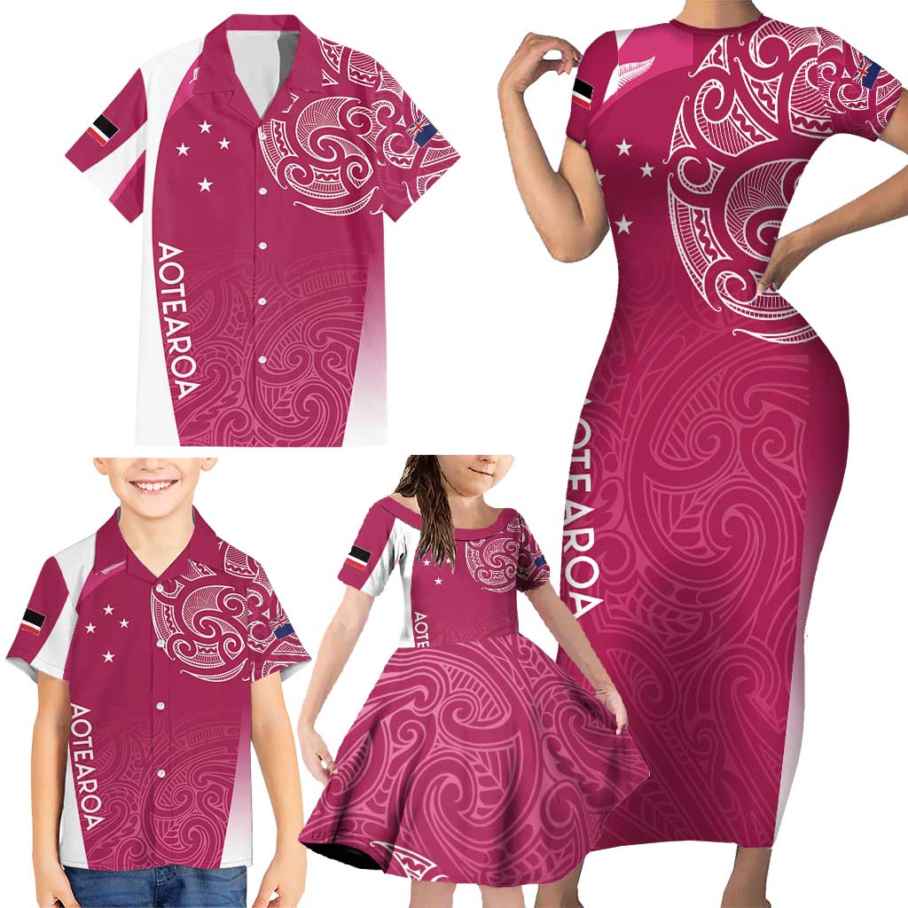 Personalised New Zealand Rugby Family Matching Short Sleeve Bodycon Dress and Hawaiian Shirt Aotearoa Champions - Pink Version LT7 - Polynesian Pride