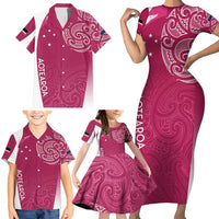 Personalised New Zealand Rugby Family Matching Short Sleeve Bodycon Dress and Hawaiian Shirt Aotearoa Champions - Pink Version LT7 - Polynesian Pride