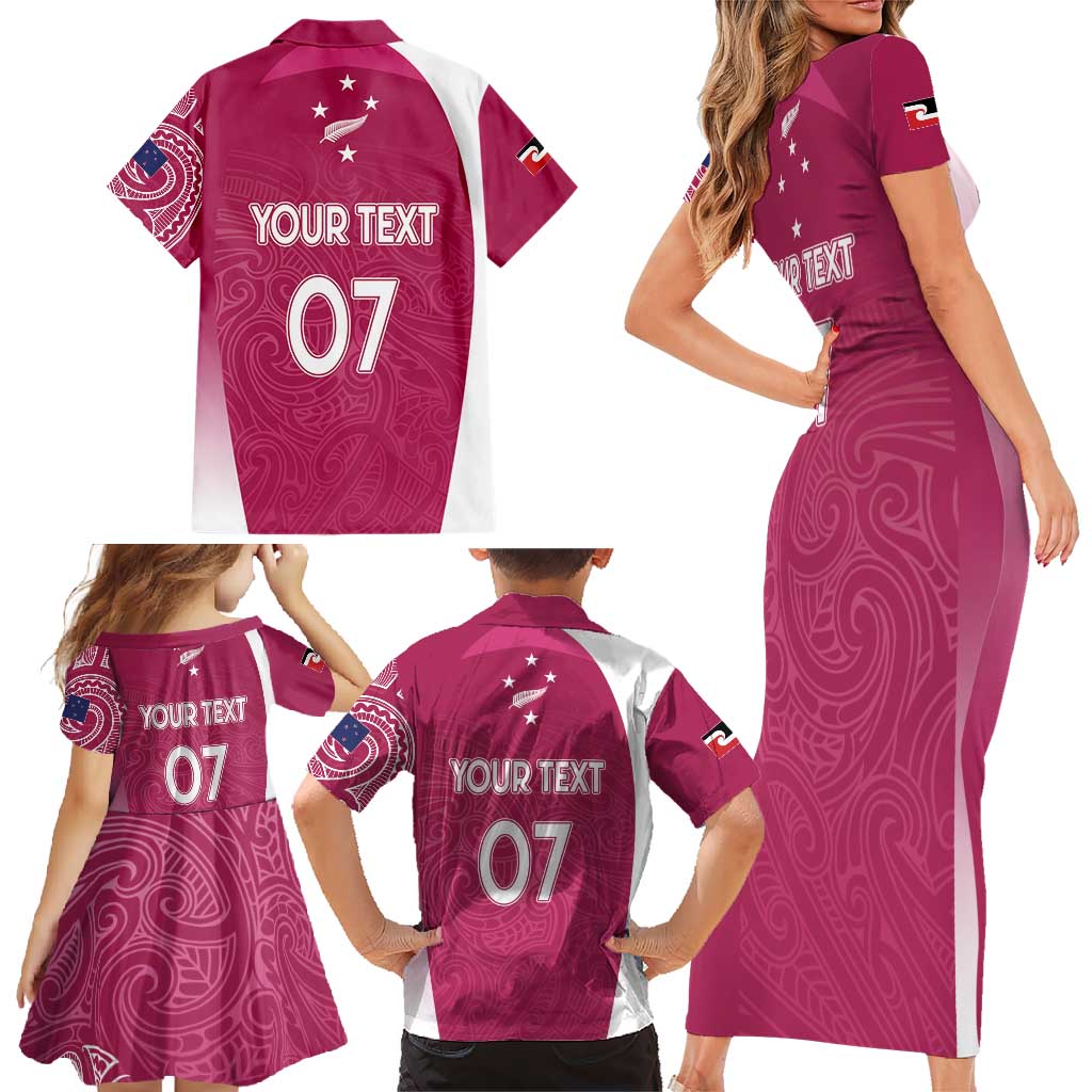 Personalised New Zealand Rugby Family Matching Short Sleeve Bodycon Dress and Hawaiian Shirt Aotearoa Champions - Pink Version LT7 - Polynesian Pride