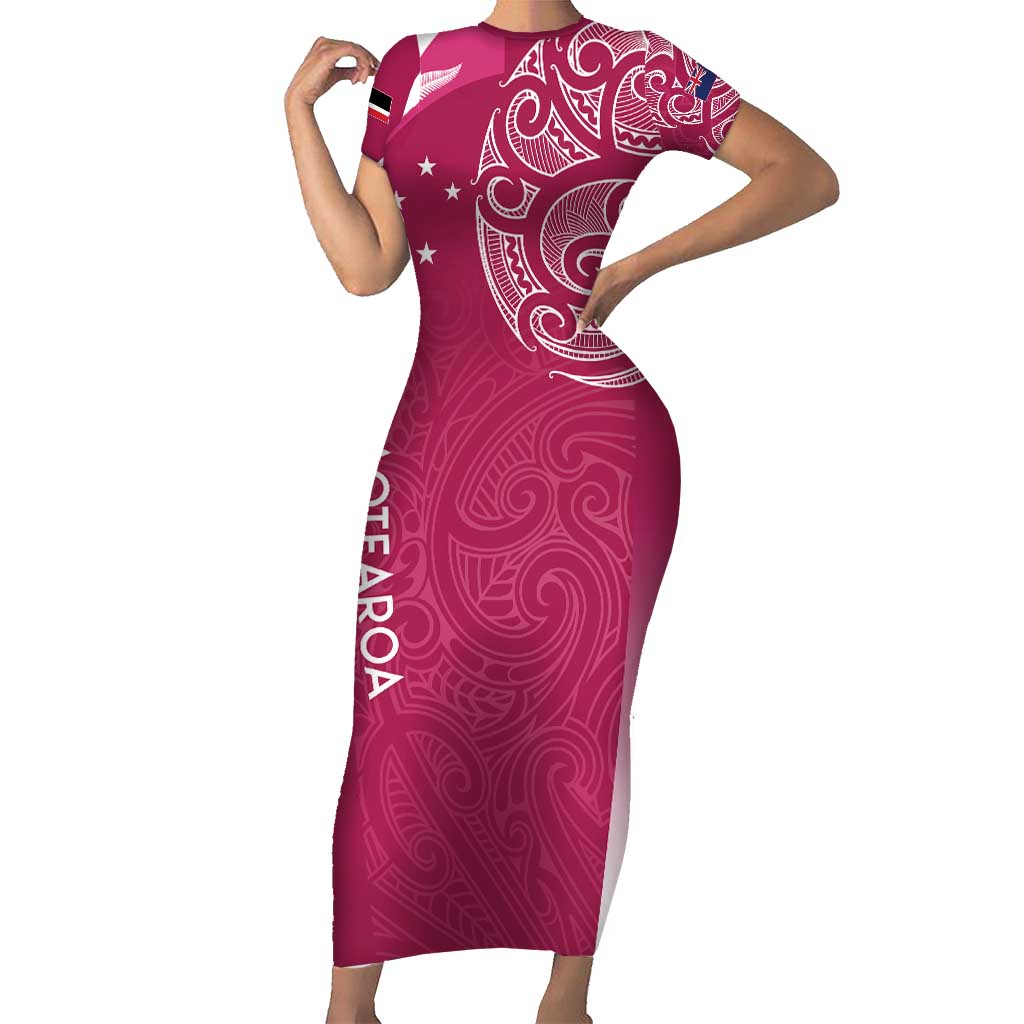 Personalised New Zealand Rugby Family Matching Short Sleeve Bodycon Dress and Hawaiian Shirt Aotearoa Champions - Pink Version LT7 Mom's Dress Pink - Polynesian Pride