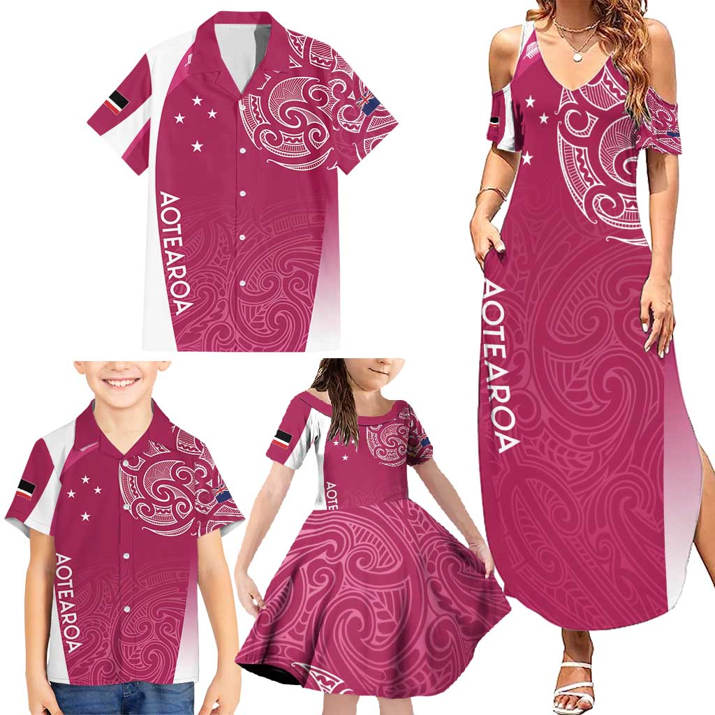 Personalised New Zealand Rugby Family Matching Summer Maxi Dress and Hawaiian Shirt Aotearoa Champions - Pink Version LT7 - Polynesian Pride