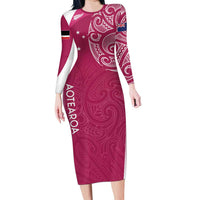 Personalised New Zealand Rugby Long Sleeve Bodycon Dress Aotearoa Champions - Pink Version LT7 Long Dress Pink - Polynesian Pride