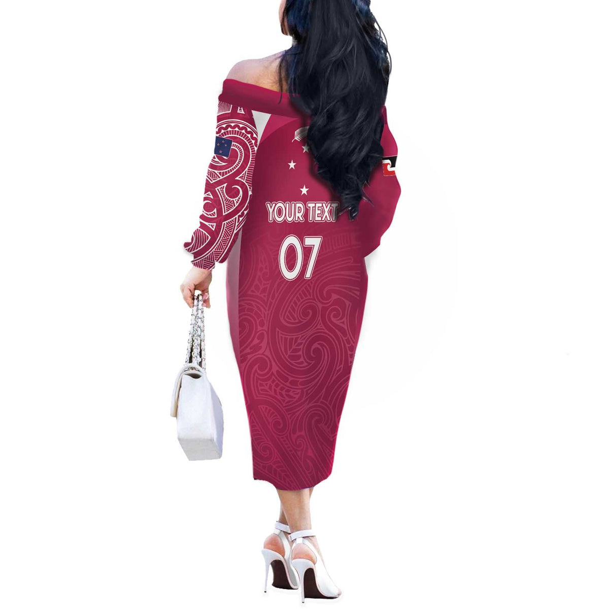 Personalised New Zealand Rugby Off The Shoulder Long Sleeve Dress Aotearoa Champions - Pink Version LT7 - Polynesian Pride