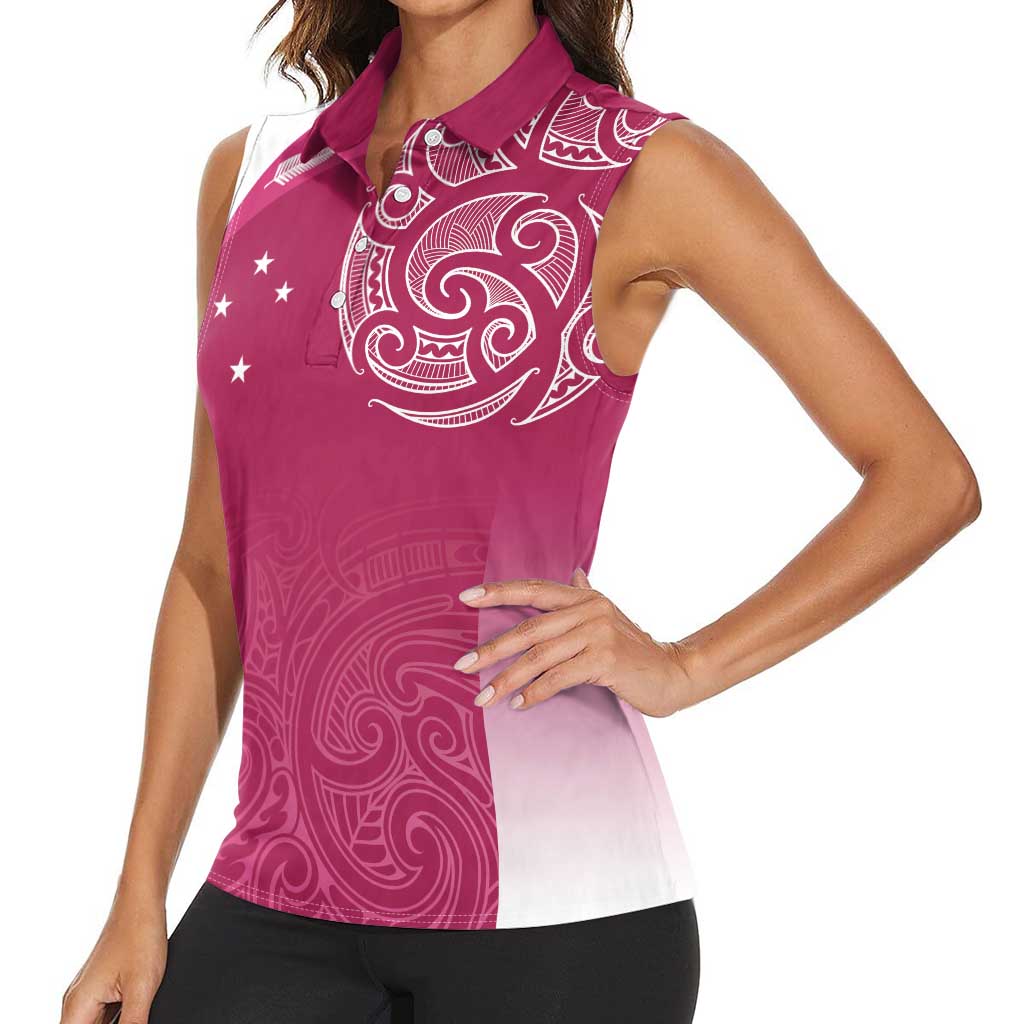 Personalised New Zealand Rugby Women Sleeveless Polo Shirt Aotearoa Champions - Pink Version LT7 - Polynesian Pride