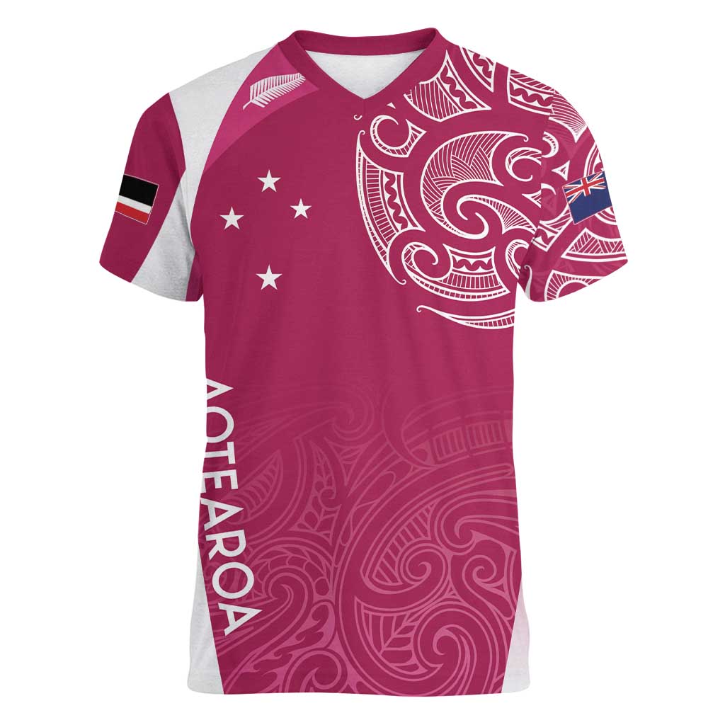 Personalised New Zealand Rugby Women V-Neck T-Shirt Aotearoa Champions - Pink Version LT7 Female Pink - Polynesian Pride