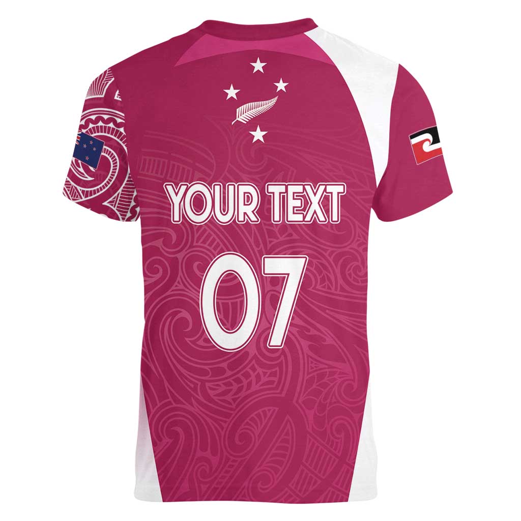 Personalised New Zealand Rugby Women V-Neck T-Shirt Aotearoa Champions - Pink Version LT7 - Polynesian Pride
