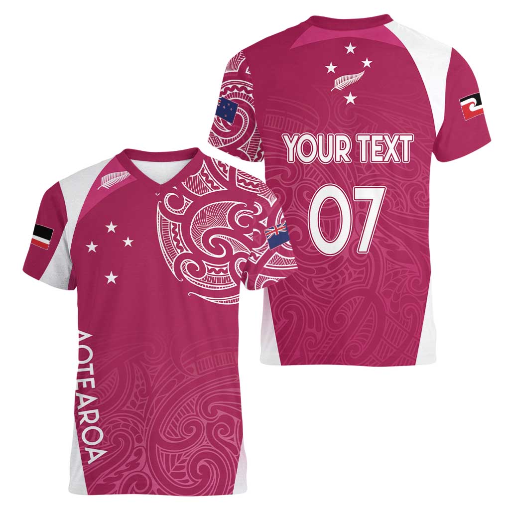 Personalised New Zealand Rugby Women V-Neck T-Shirt Aotearoa Champions - Pink Version LT7 - Polynesian Pride