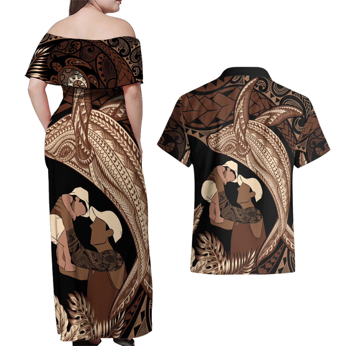 Father's Day Polynesian Pattern Couples Matching Off Shoulder Maxi Dress and Hawaiian Shirt Tropical Humpback Whale