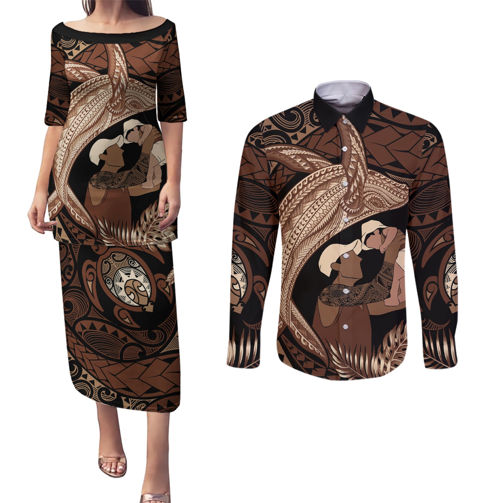 Father's Day Polynesian Pattern Couples Matching Puletasi and Long Sleeve Button Shirt Tropical Humpback Whale