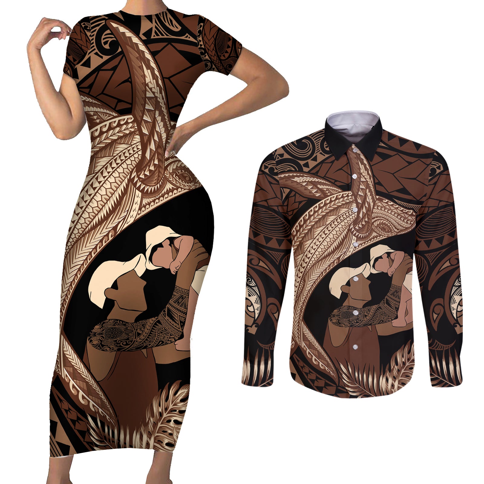 Father's Day Polynesian Pattern Couples Matching Short Sleeve Bodycon Dress and Long Sleeve Button Shirt Tropical Humpback Whale
