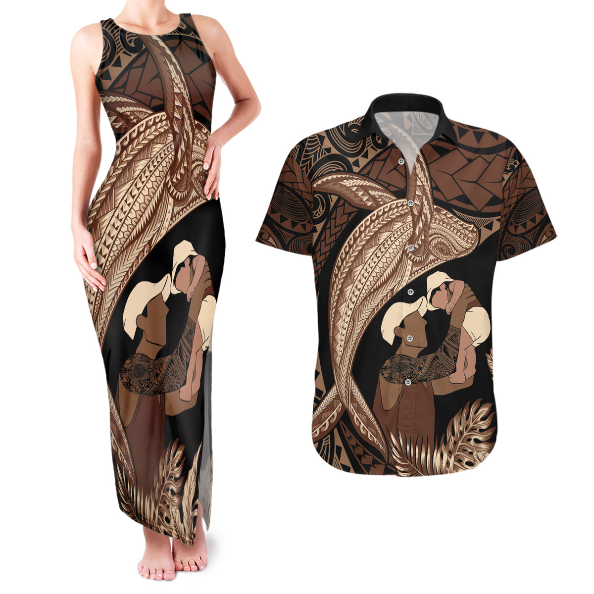 Father's Day Polynesian Pattern Couples Matching Tank Maxi Dress and Hawaiian Shirt Tropical Humpback Whale