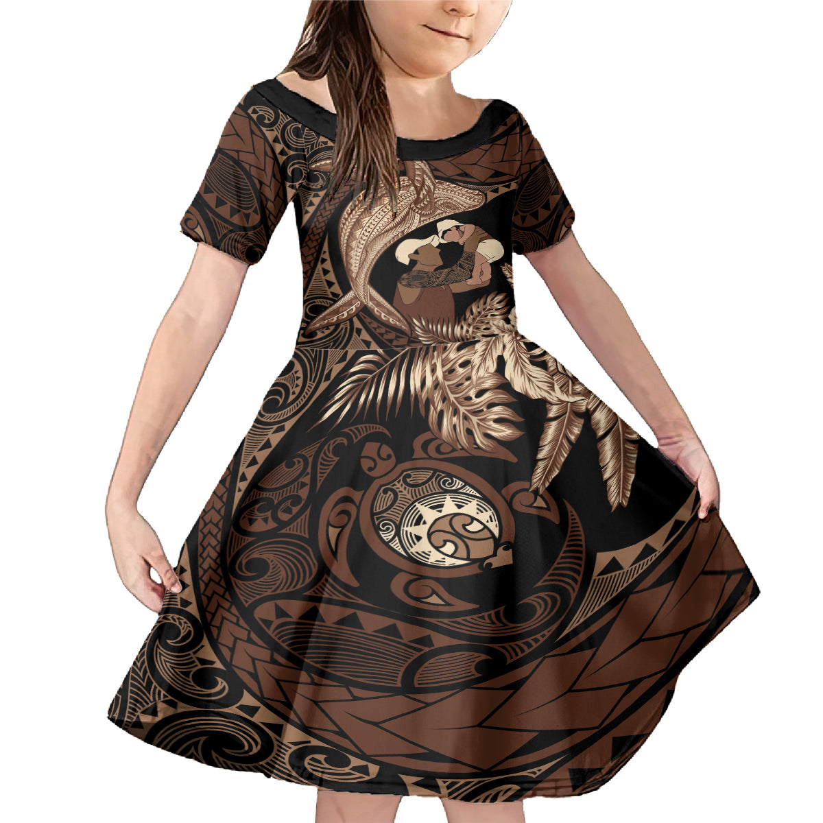 Father's Day Polynesian Pattern Family Matching Mermaid Dress and Hawaiian Shirt Tropical Humpback Whale LT7 Daughter's Dress Brown - Polynesian Pride