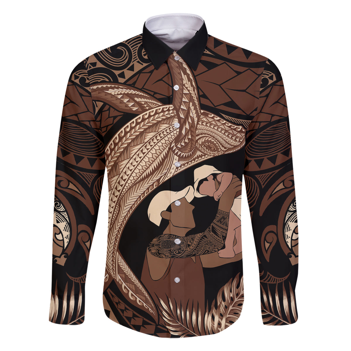 Father's Day Polynesian Pattern Family Matching Mermaid Dress and Hawaiian Shirt Tropical Humpback Whale LT7 Dad's Shirt - Long Sleeve Brown - Polynesian Pride