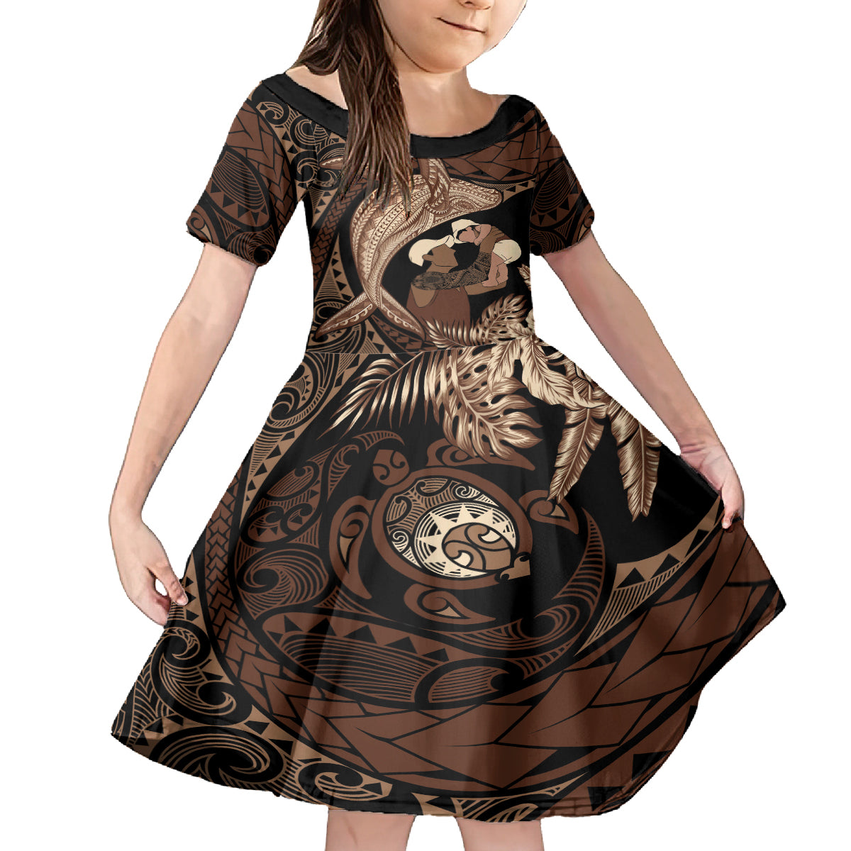 Father's Day Polynesian Pattern Family Matching Off The Shoulder Long Sleeve Dress and Hawaiian Shirt Tropical Humpback Whale LT7 Daughter's Dress Brown - Polynesian Pride