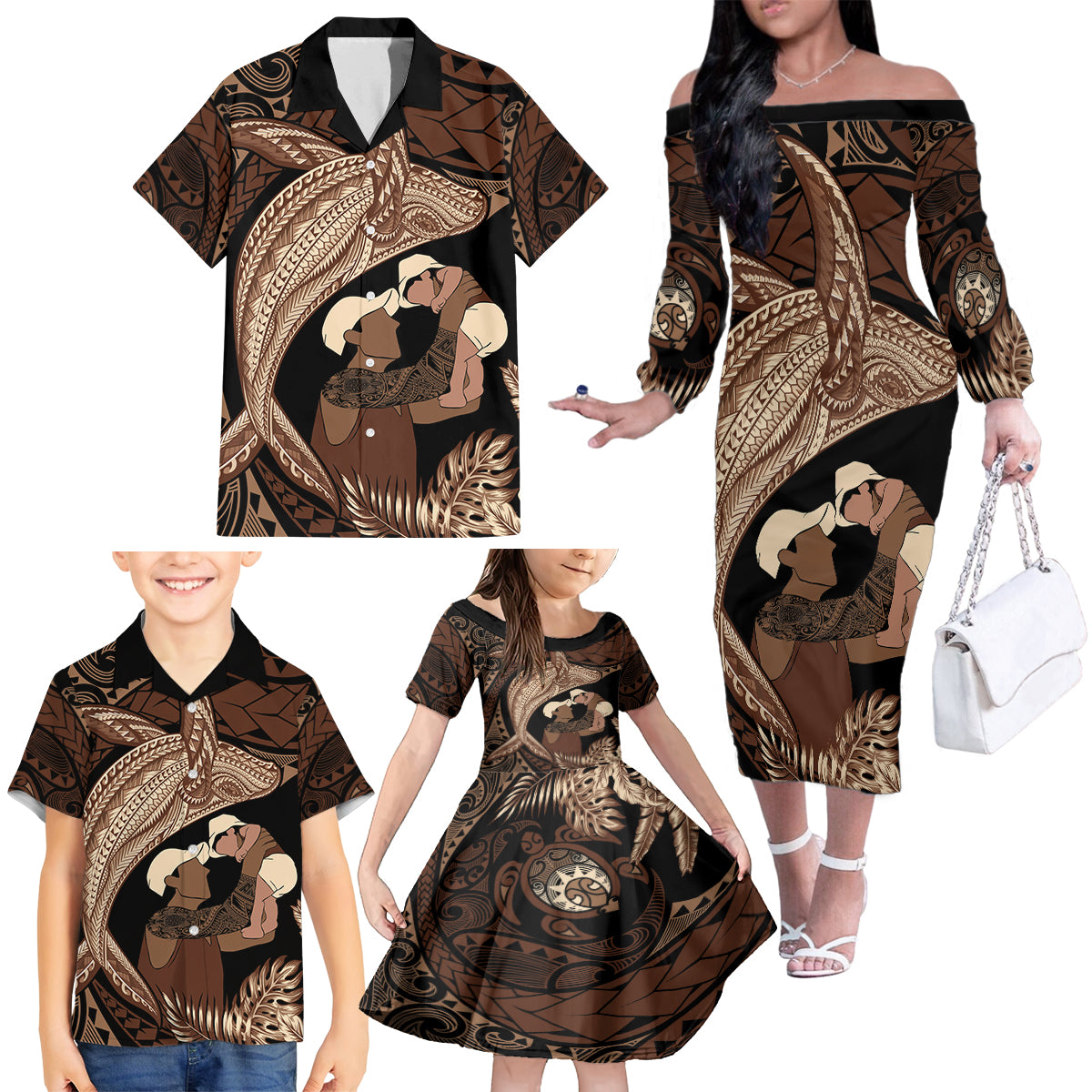 Father's Day Polynesian Pattern Family Matching Off The Shoulder Long Sleeve Dress and Hawaiian Shirt Tropical Humpback Whale LT7 - Polynesian Pride