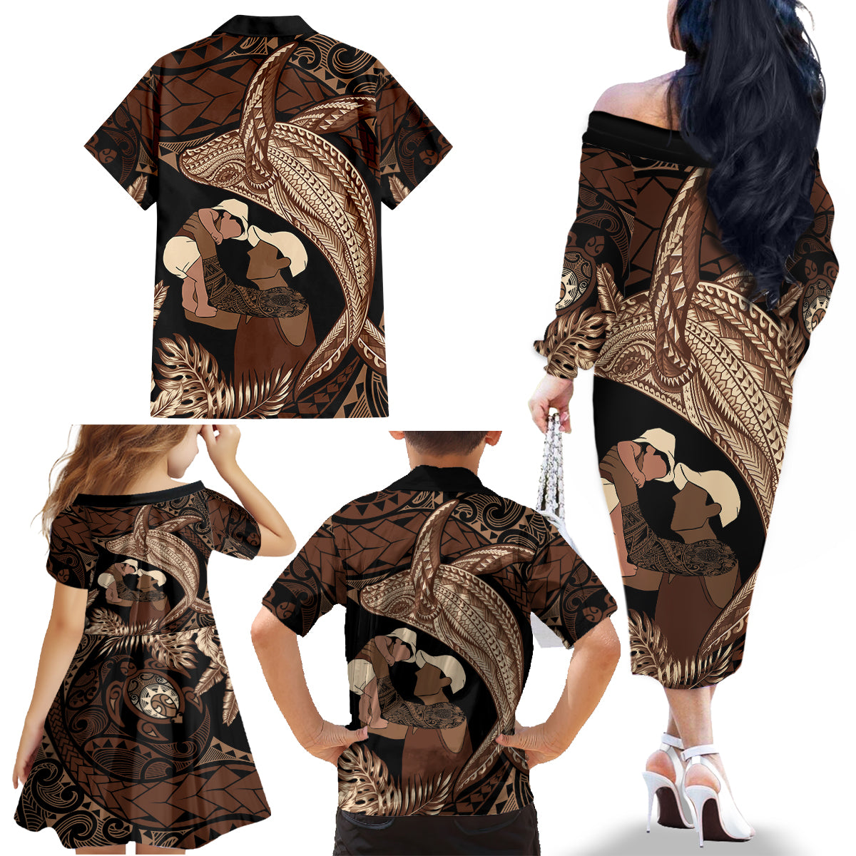 Father's Day Polynesian Pattern Family Matching Off The Shoulder Long Sleeve Dress and Hawaiian Shirt Tropical Humpback Whale LT7 - Polynesian Pride