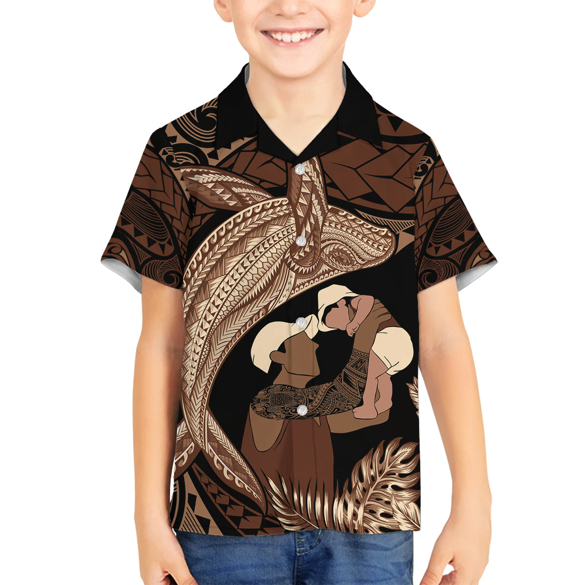 Father's Day Polynesian Pattern Family Matching Off The Shoulder Long Sleeve Dress and Hawaiian Shirt Tropical Humpback Whale LT7 Son's Shirt Brown - Polynesian Pride