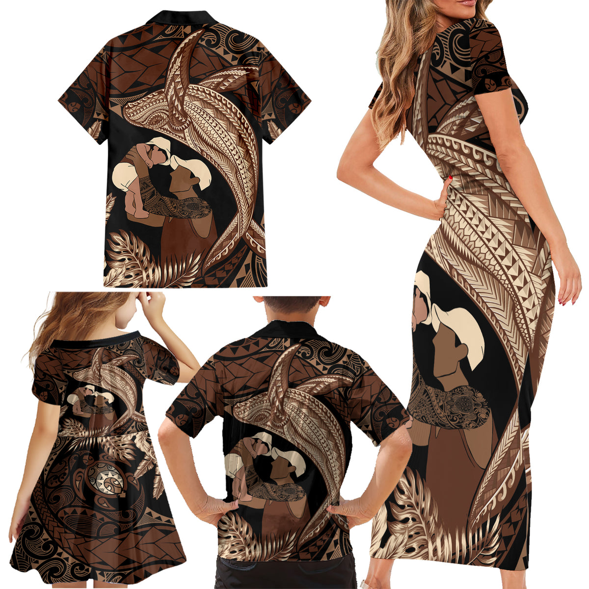 Father's Day Polynesian Pattern Family Matching Short Sleeve Bodycon Dress and Hawaiian Shirt Tropical Humpback Whale LT7 - Polynesian Pride