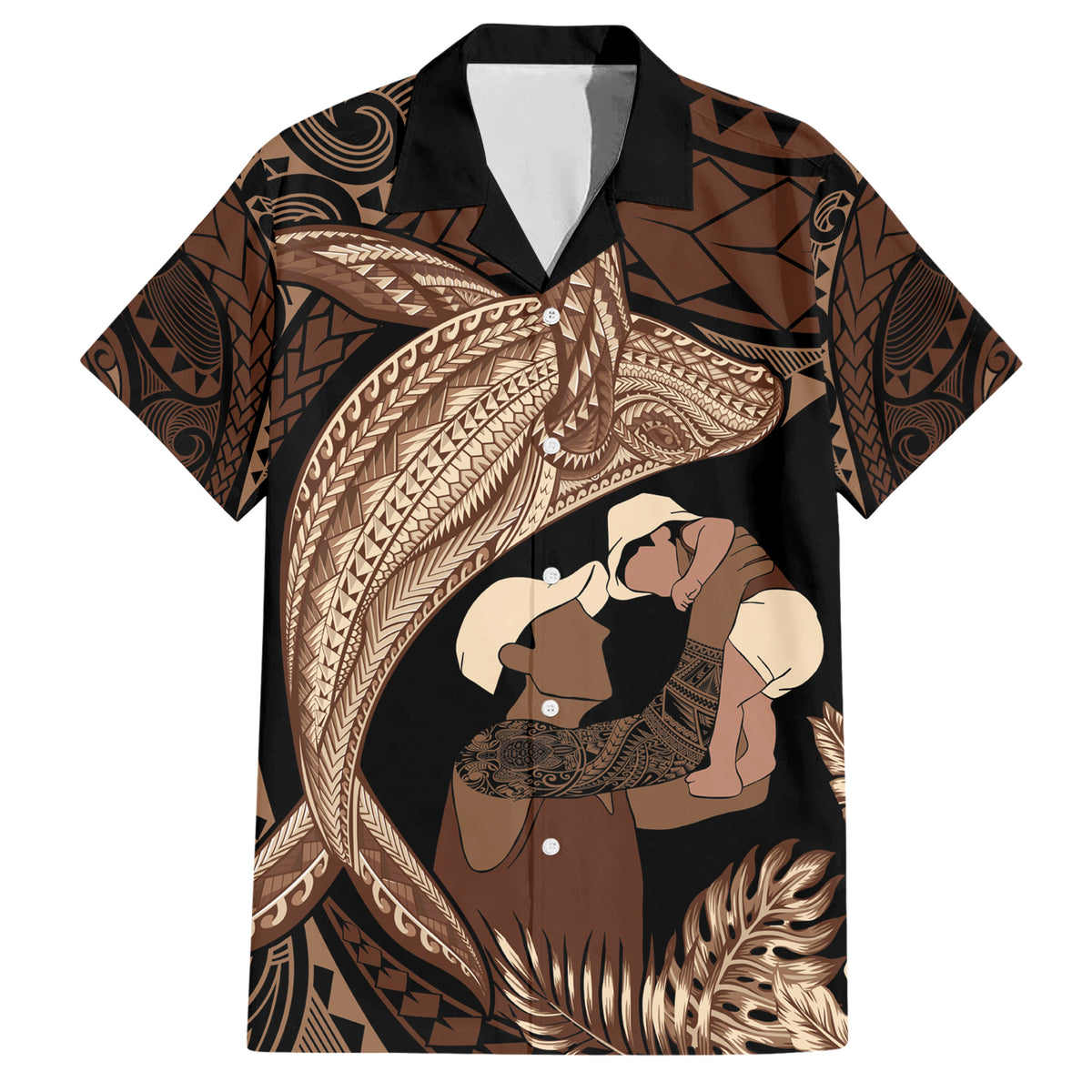 Father's Day Polynesian Pattern Family Matching Short Sleeve Bodycon Dress and Hawaiian Shirt Tropical Humpback Whale LT7 Dad's Shirt - Short Sleeve Brown - Polynesian Pride