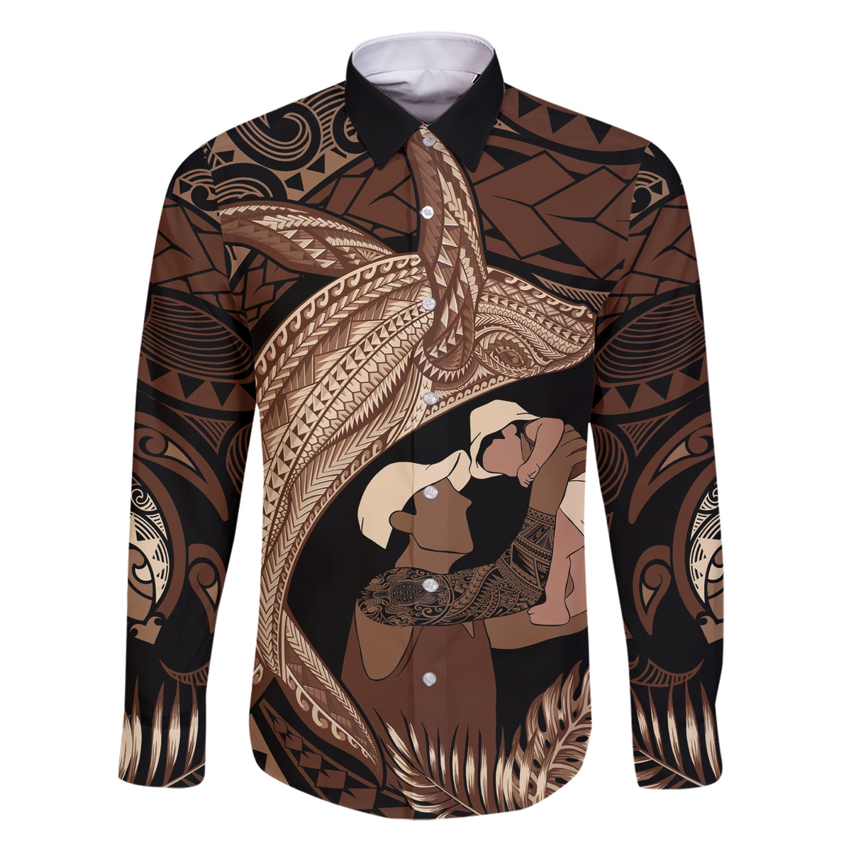 Father's Day Polynesian Pattern Family Matching Short Sleeve Bodycon Dress and Hawaiian Shirt Tropical Humpback Whale LT7 Dad's Shirt - Long Sleeve Brown - Polynesian Pride