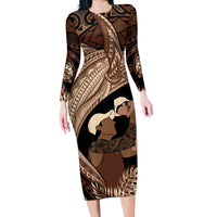 Father's Day Polynesian Pattern Long Sleeve Bodycon Dress Tropical Humpback Whale LT7 Long Dress Brown - Polynesian Pride