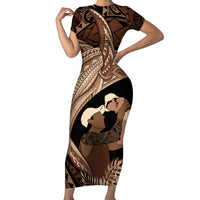 Father's Day Polynesian Pattern Short Sleeve Bodycon Dress Tropical Humpback Whale LT7 Long Dress Brown - Polynesian Pride