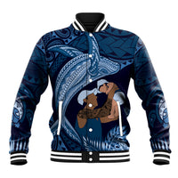 Father's Day Polynesian Pattern Baseball Jacket Tropical Humpback Whale - Navy