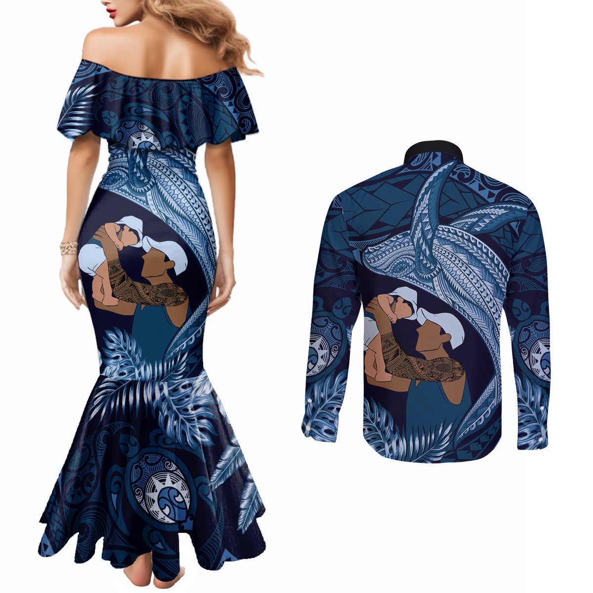 Father's Day Polynesian Pattern Couples Matching Mermaid Dress and Long Sleeve Button Shirt Tropical Humpback Whale - Navy