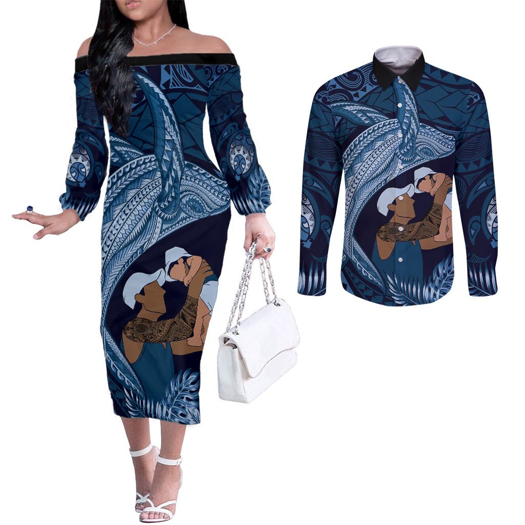 Father's Day Polynesian Pattern Couples Matching Off The Shoulder Long Sleeve Dress and Long Sleeve Button Shirt Tropical Humpback Whale - Navy