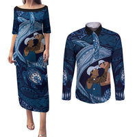 Father's Day Polynesian Pattern Couples Matching Puletasi and Long Sleeve Button Shirt Tropical Humpback Whale - Navy