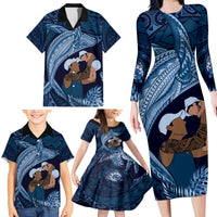 Father's Day Polynesian Pattern Family Matching Long Sleeve Bodycon Dress and Hawaiian Shirt Tropical Humpback Whale - Navy LT7 - Polynesian Pride