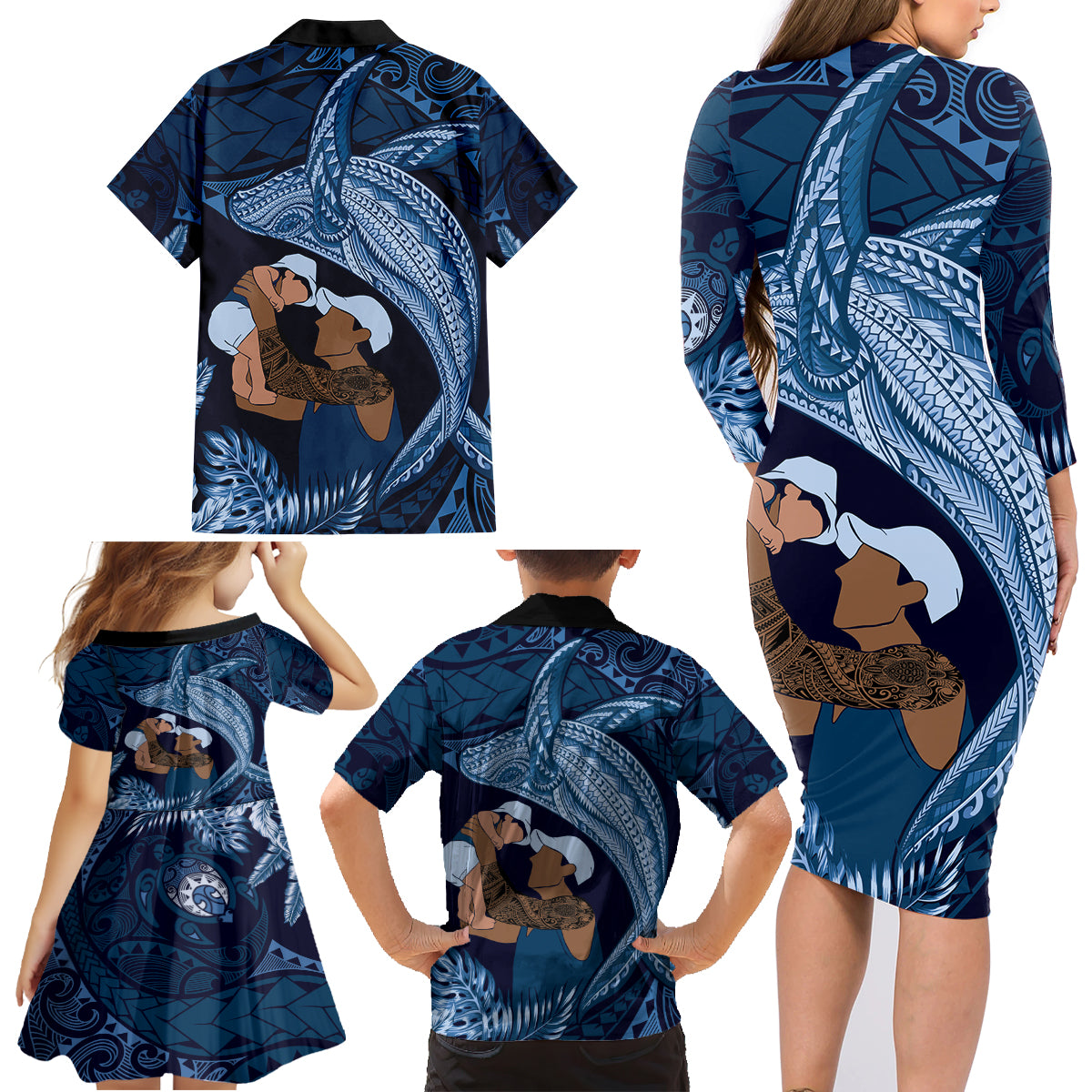 Father's Day Polynesian Pattern Family Matching Long Sleeve Bodycon Dress and Hawaiian Shirt Tropical Humpback Whale - Navy LT7 - Polynesian Pride