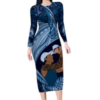 Father's Day Polynesian Pattern Family Matching Long Sleeve Bodycon Dress and Hawaiian Shirt Tropical Humpback Whale - Navy LT7 Mom's Dress Navy Blue - Polynesian Pride