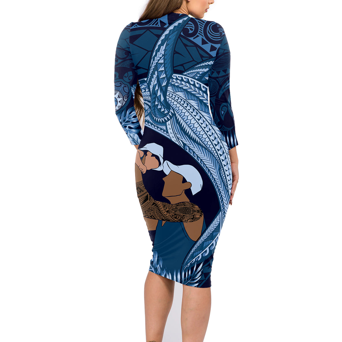 Father's Day Polynesian Pattern Family Matching Long Sleeve Bodycon Dress and Hawaiian Shirt Tropical Humpback Whale - Navy LT7 - Polynesian Pride